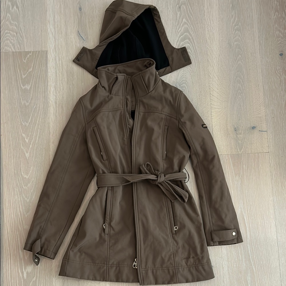 Calvin Klein Brown Trench Coat with Belt and Hood